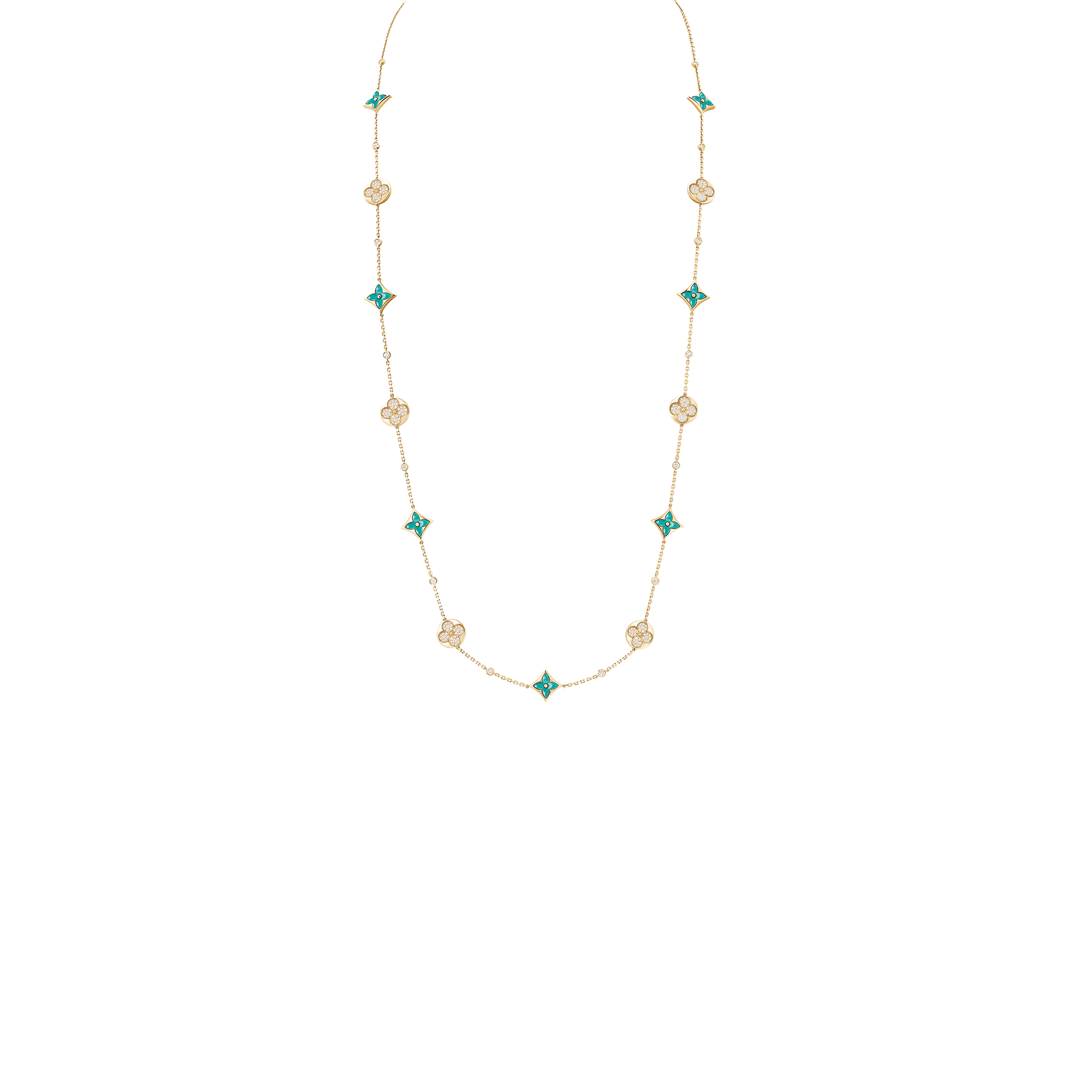 LOUIS VUITTON COLOR BLOSSOM BB MULTI-PATTERN LONG NECKLACE, YELLOW GOLD, AMAZONITE AND DIAMONDS Q94887